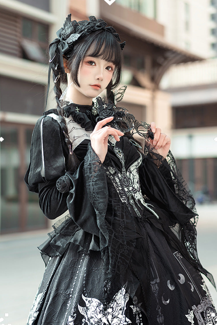 Black Feast of Bones Printed Ruffled Bow Lace Gothic Elegant Long Dress