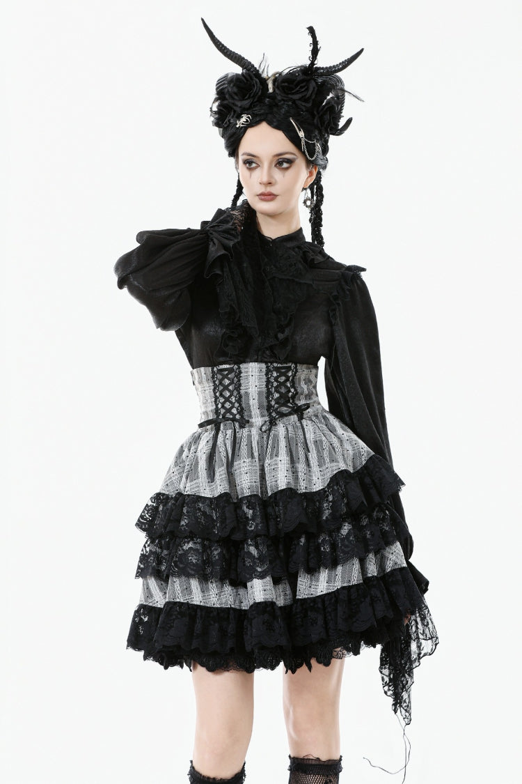 High Waist Lace-Up Ruffled Layered Hem Skirt - Lolita