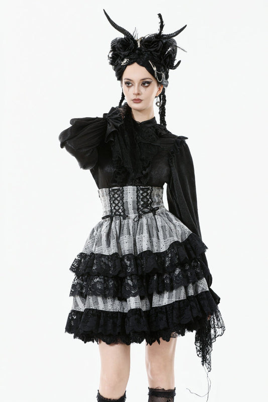 High Waist Lace-Up Ruffled Layered Hem Skirt - Lolita