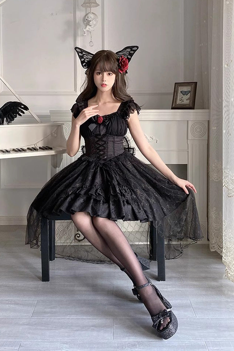 Black Short Sleeved Ruffled Rose Gothic Tiered Dress with Bow