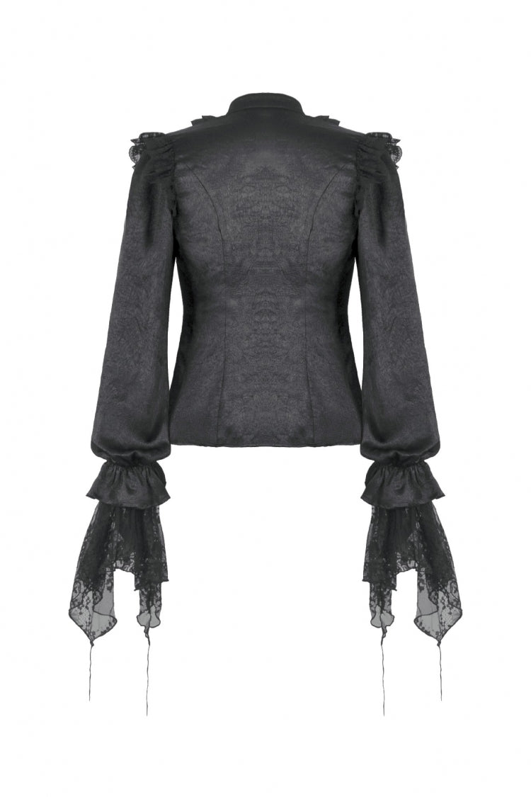 Jet-Black Gothic Blouse with Lantern Sleeves and Ruffled Lace