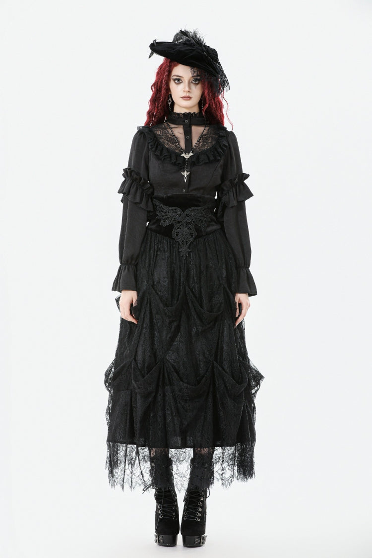 Gothic Sheer Blouse with Stand Collar and Lantern Sleeves