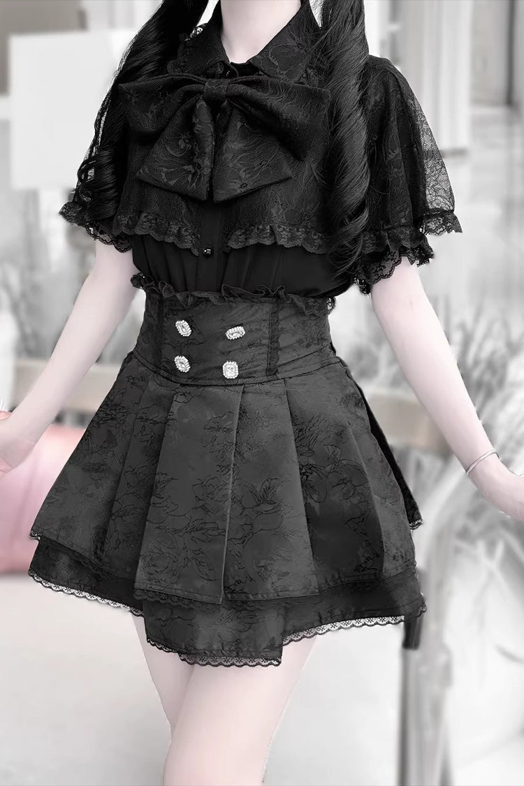 Dark Moon Shadow Double Layered Ruffled Embroidered Lace Up Gothic Lolita Set