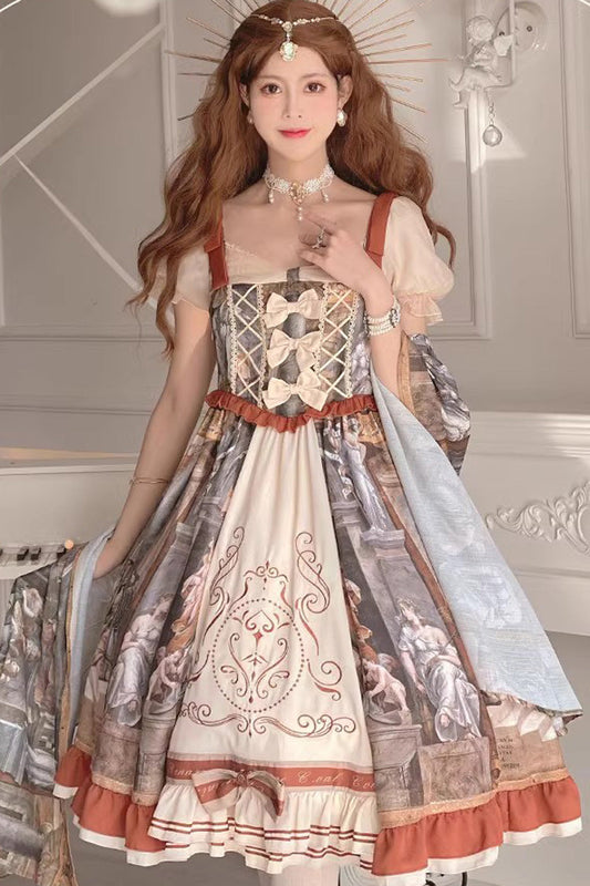 Multi-Color Constantine Oil Painting Print Bow Vintage Princess Dress