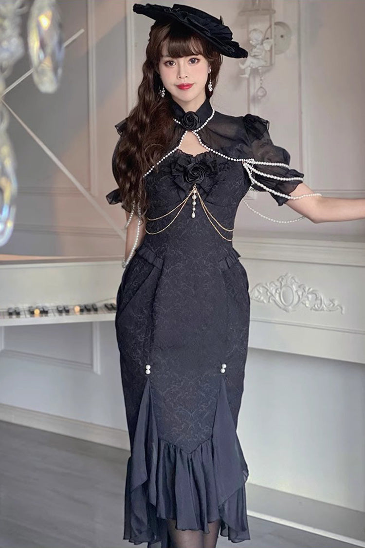 Sleeveless Jacquard Lace Fishtail JSK in Black