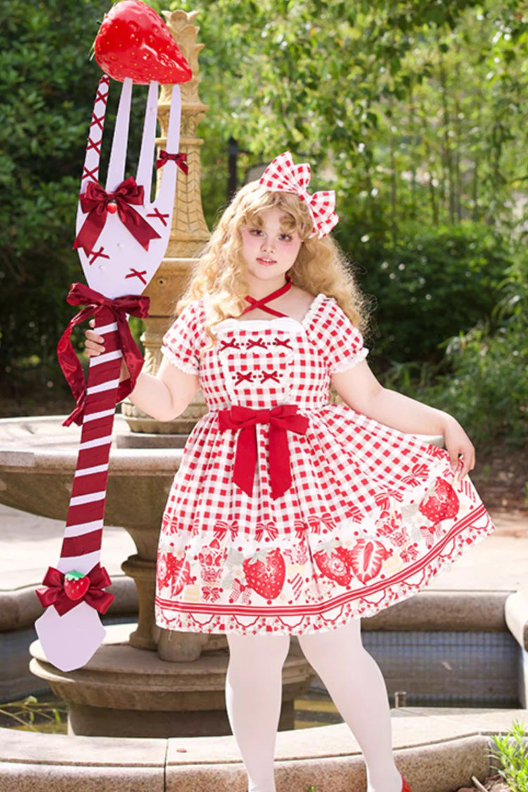 Strawberry Plaid Print Bowknot Sweet Plus Size Princess Red Short Sleeves Dress