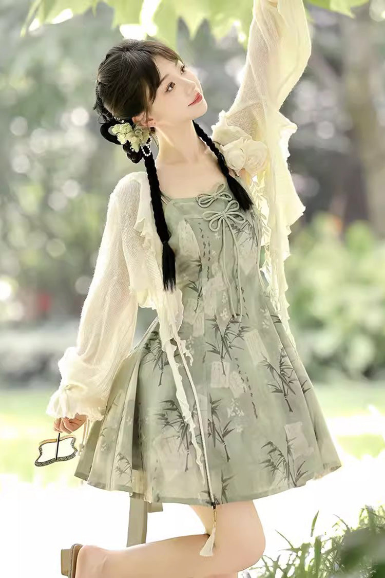 Green Bamboo Printed Lace-Up Sweet Chinese Lolita Jumper Dress