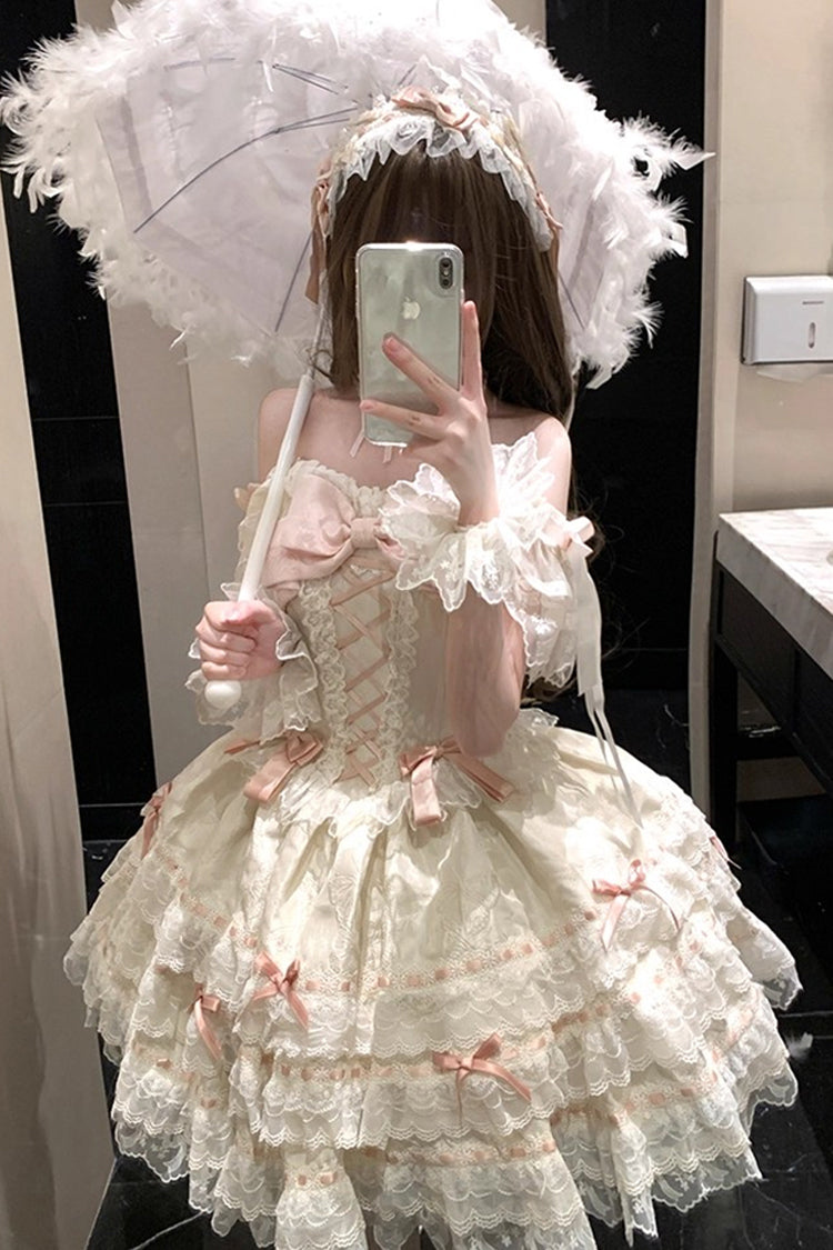Apricot Sweet Elegant Lolita JSK Dress with Sleeveless Ruffles Bowknot Lace and Lace-Up
