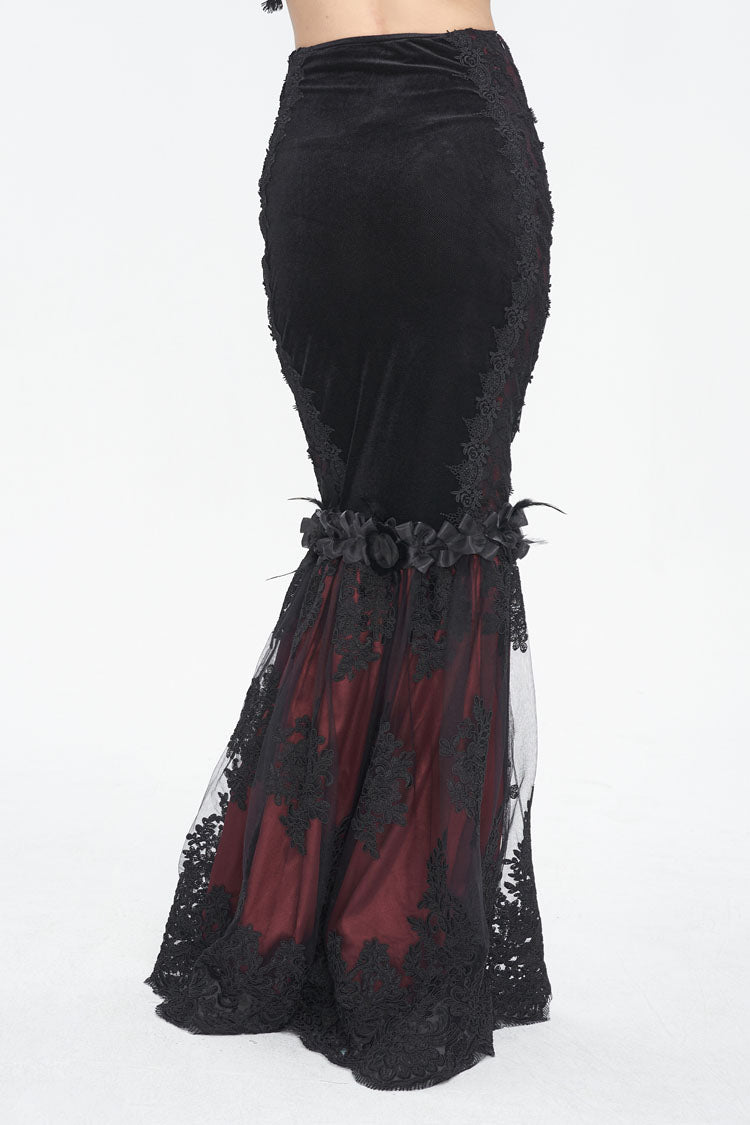 Crimson & Noir High-Rise Embroidered Lace Accent Gothic Skirt