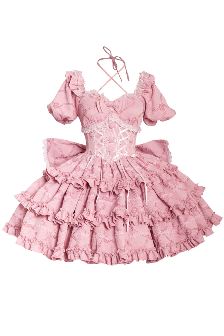 Blush Square Collar Short Sleeve Triple-Layered Ruffle Bowknot Sweet Lolita Gown