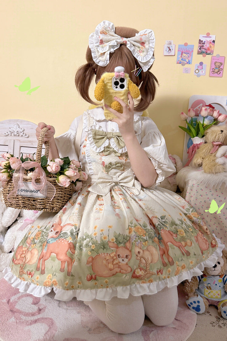 Multi-Color Little Deer Gathering Sleeveless Print Ruffle Bowknot Daily Sweet Lolita Strap Dress