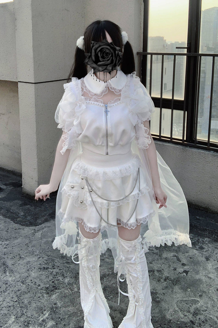 Gothic Layered Lace Zip Chain Skirt Set with Short Sleeves - Song of Atonement