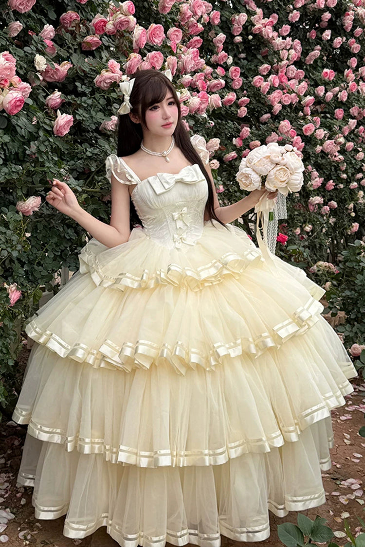Organza Satin Sleeveless Layered Ruffled Bow Lace Sweet Lolita JSK - Apricot