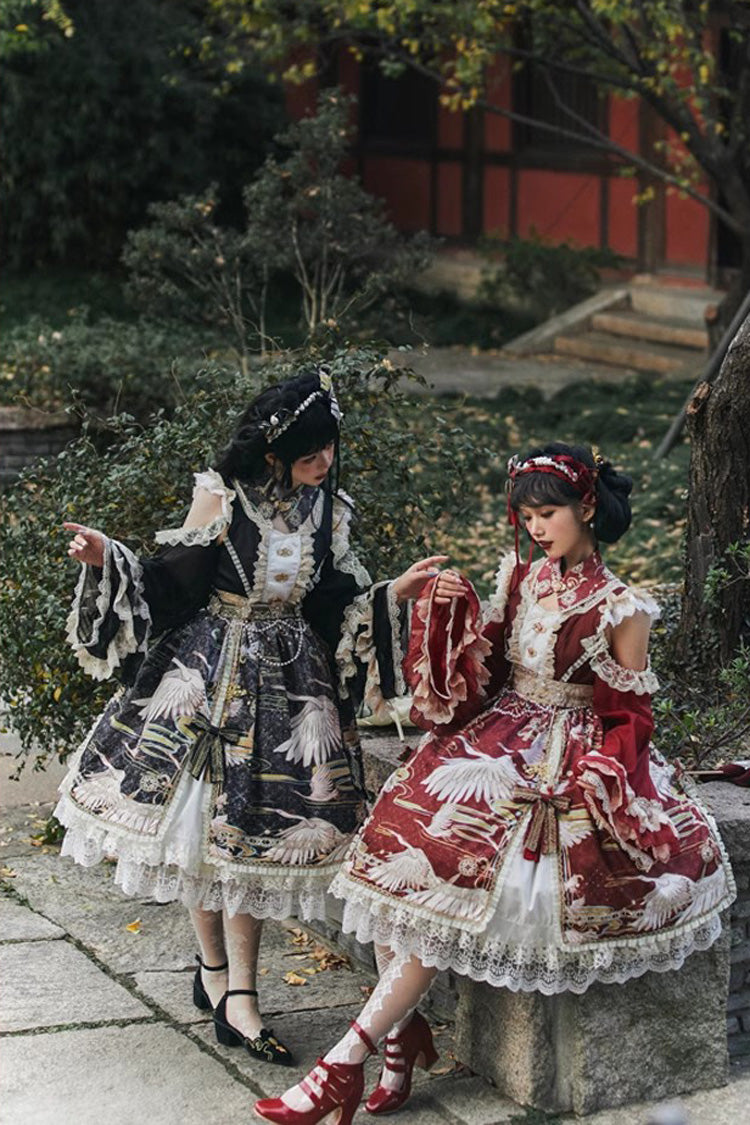 Chinese Style Long Sleeve Print Ruffle Lace Sweet Lolita Dress
