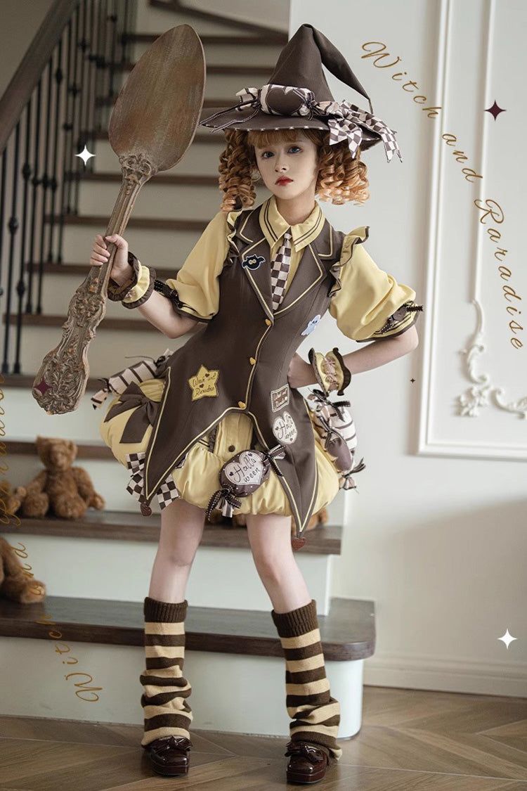 Brown/Yellow Witch and Paradise Short Sleeves Ruffle Bowknot Sweet Japanese Halloween Lolita Dress Vest Set