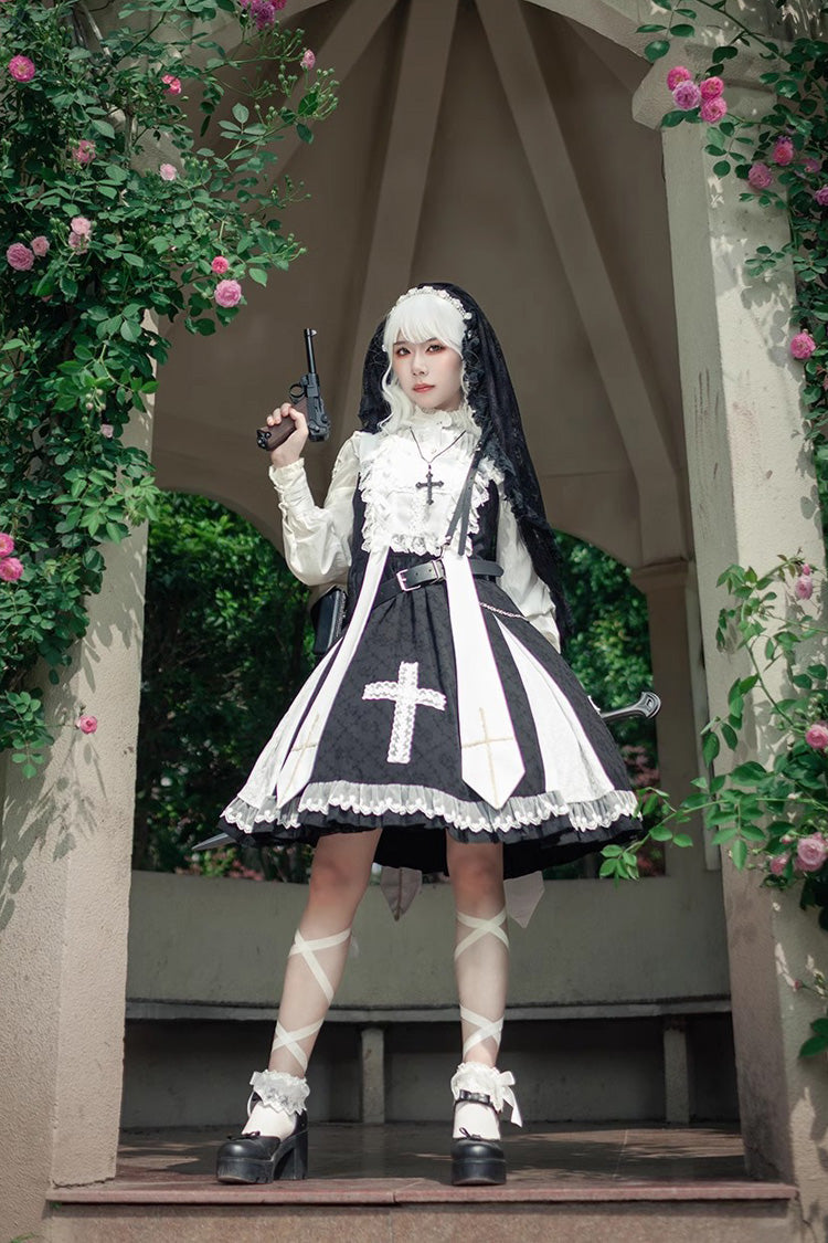 Cross Print Ruffle Sleeveless Gothic Lolita Dress