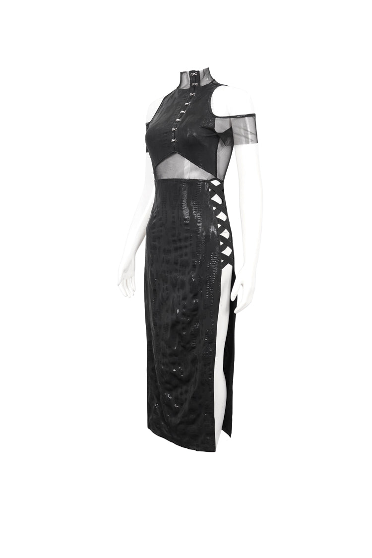 Knit Paneled Mesh Side Slit Punk Dress for Women