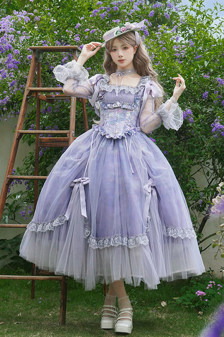 Amethyst Bow-Trimmed Lace Ruffled Long-Sleeve Gothic Dress