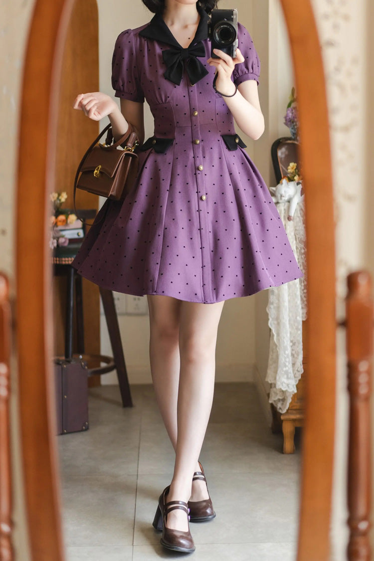 Forest Boulotty Violet Lapel Collar Heart Polka Dot Bow Short Sleeve Lolita Dress - Forest Boulotty