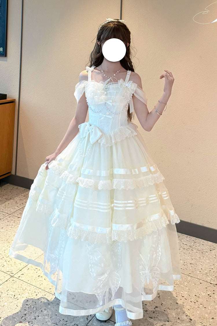 Apricot Elegant Princess Lolita JSK Dress with Triple-Layer Jacquard Ruffles Bowknot and Lace