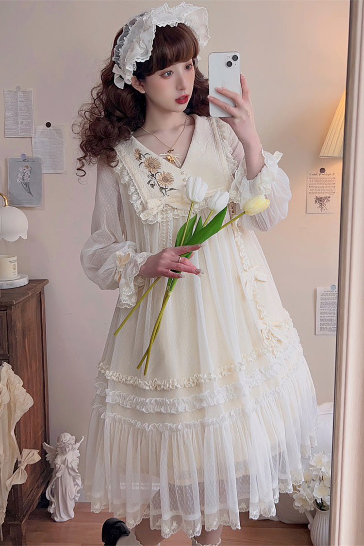 Ivory Sweet Princess Lolita Dress with Lace Embroidery Ruffled Bowknot - Sunflower Diary