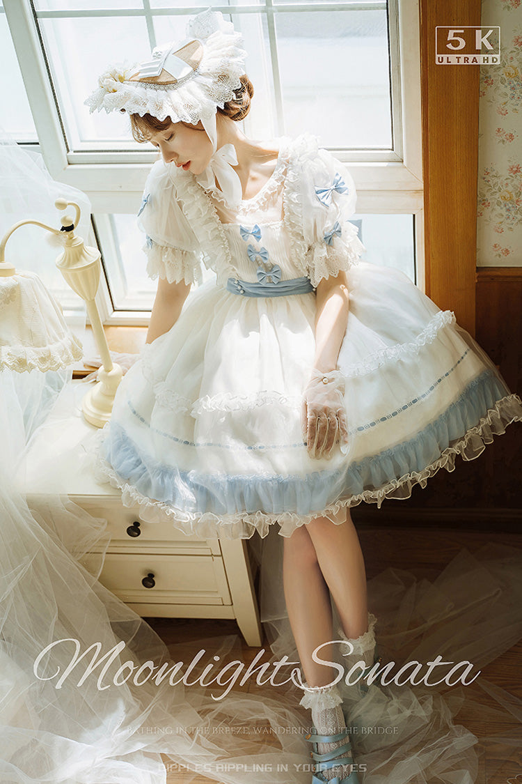 Sweet Lolita Dress with Ruffled Bow and Lace - Moonlight Sonata, 4 Shades