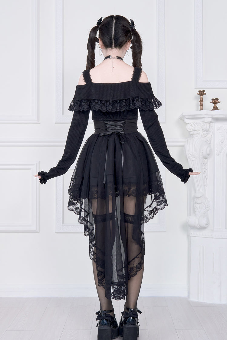 Faux Two Piece Off Shoulder Ruffle Bowknot Lace Gothic Jirai Dress in Two Shades
