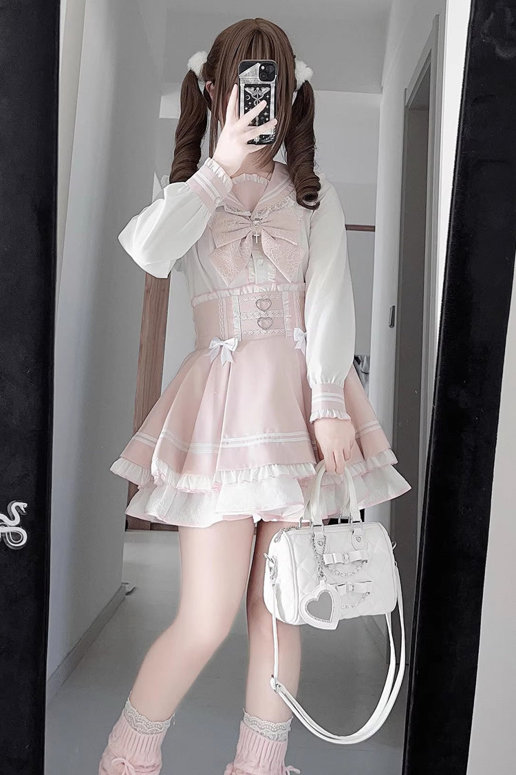 Ivory and Pink Snow Rose Navy Collar Long Sleeve Triple-Layer Ruffled Bow Sweet Jirai Kei Skirt Set