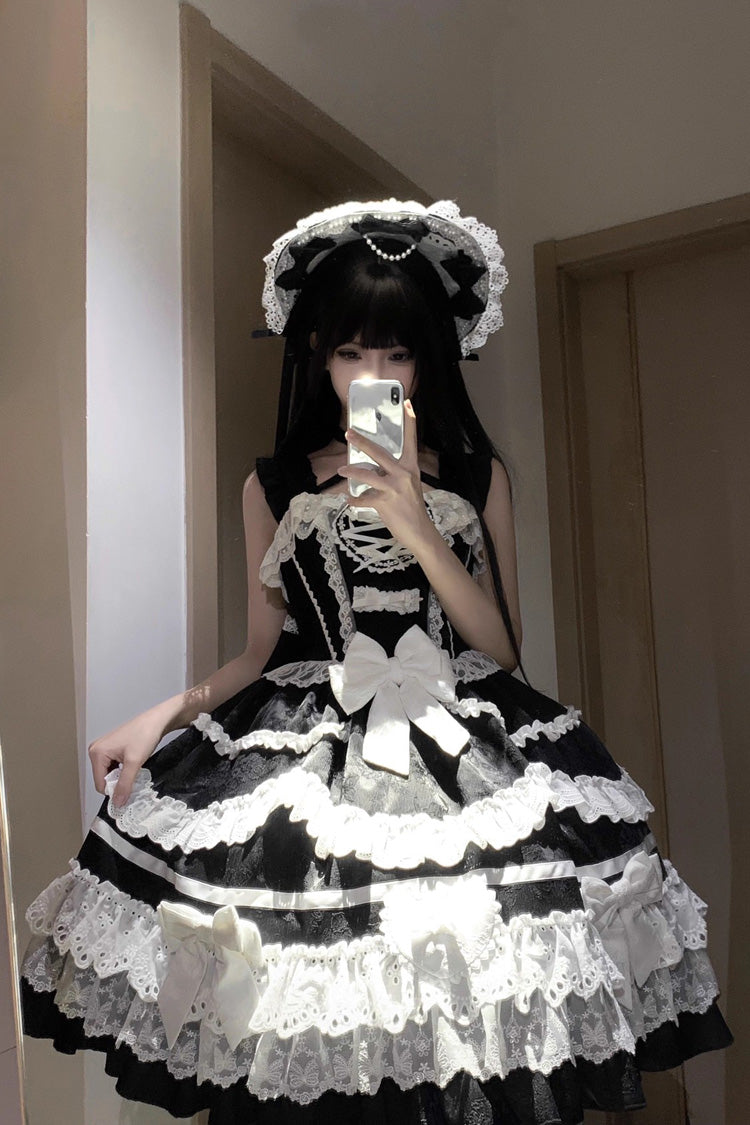 Black/White Super Cute Belia Sleeveless Triple-Layered Ruffled Bow Lace Gothic Elegant Lolita JSK Gown
