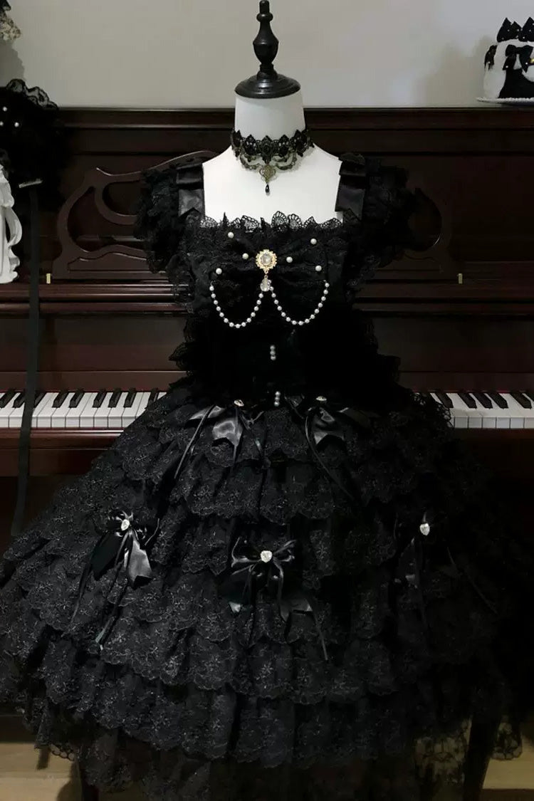 Black Square Neck Sleeveless Multi-Layered Bow Lace Pearl Gothic JSK - Featherlight Slumber