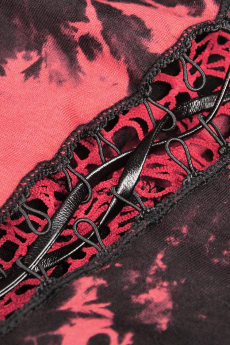 Crimson & Noir Tie-Dye Patchwork Punk Slip Dress with Irregular Hem