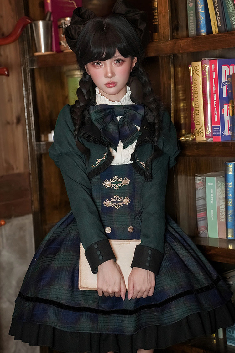 Blue Green Berlin Letter Double-Layered Plaid Print Ruffle Bowknot Classic College Style Lolita Strap Dress Set