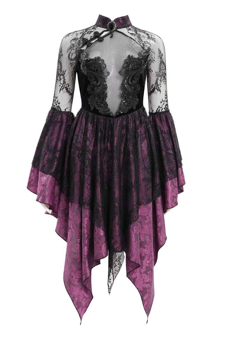 Black Purple Long Sleeves Embroidery Lace Up Irregular Mesh Gothic Dress