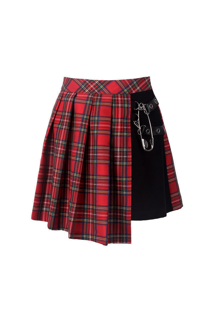 Crimson Plaid Pleated Punk Hem Skirt