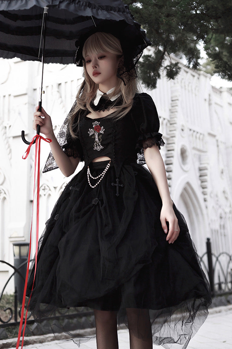 Embroidered Cutout Lolita Dress Set with Short Sleeves in Black