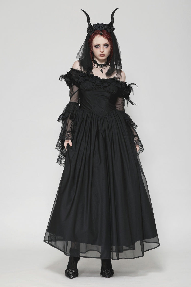 Elegant Gothic Off-Shoulder Tulle Gown with Lace Trim and Flared Sleeves