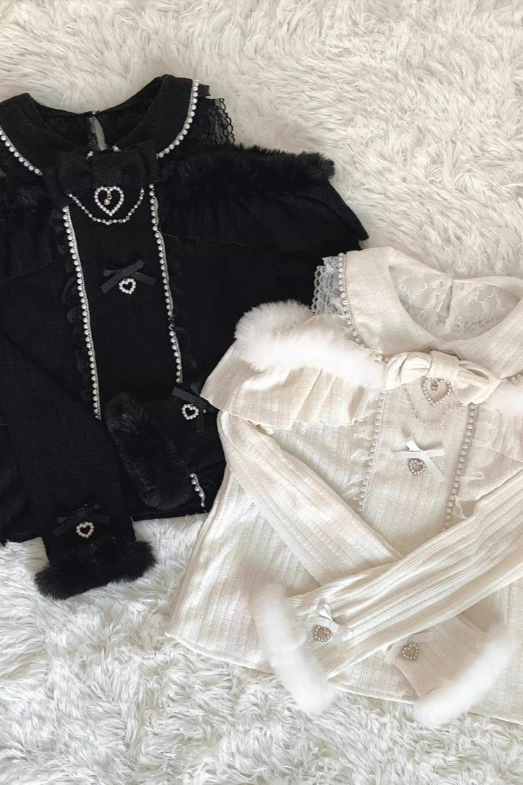 Pearl Decorated Bow Lace Off Shoulder Knit Jirai Sweater in Two Tones