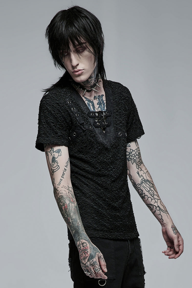 Steampunk Mesh Tee with Buckle Accents for Men