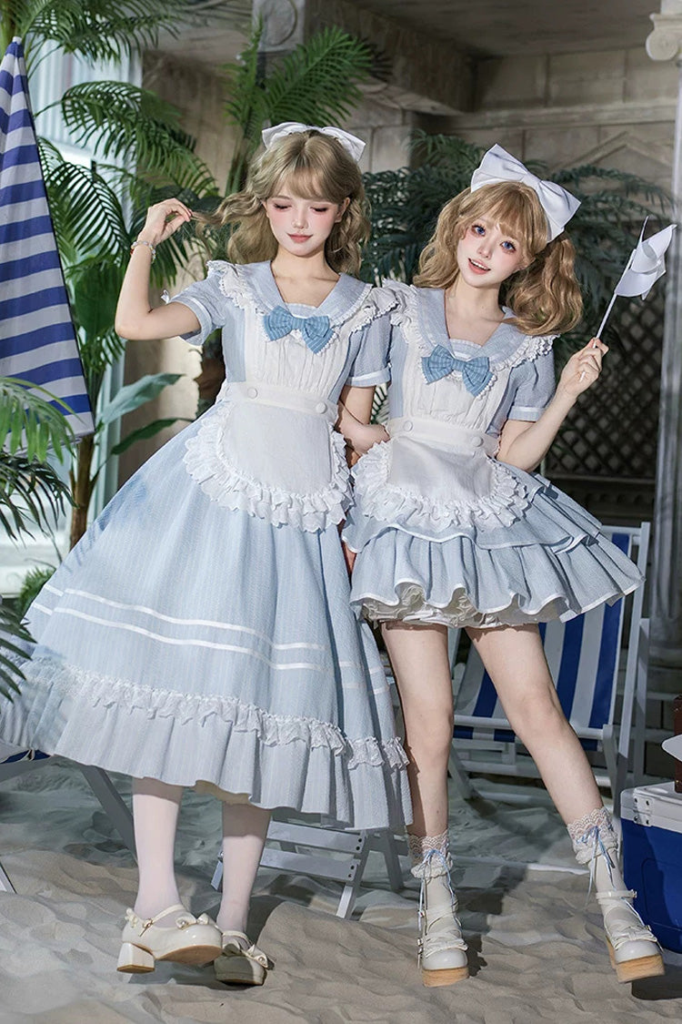 Sweet Lolita Dress with Printed Ruffled Bow and Navy Collar - Blue