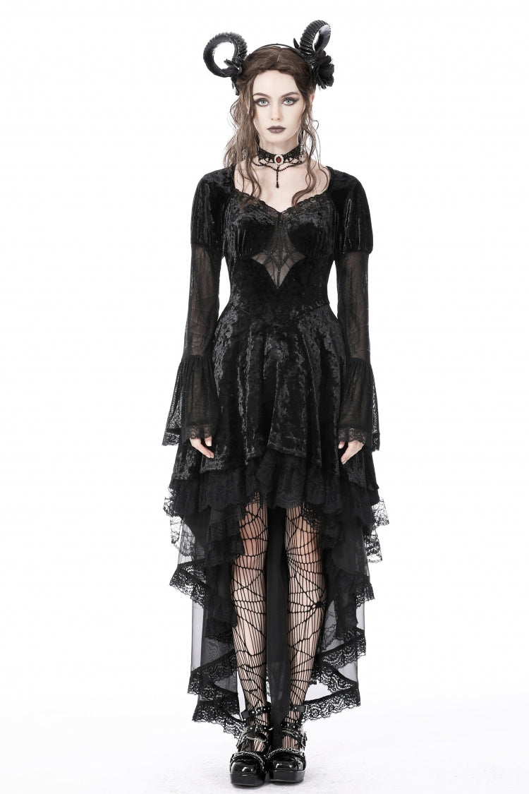 Onyx Velvet Gown with Puffed Sleeves and Asymmetric Lace Trim