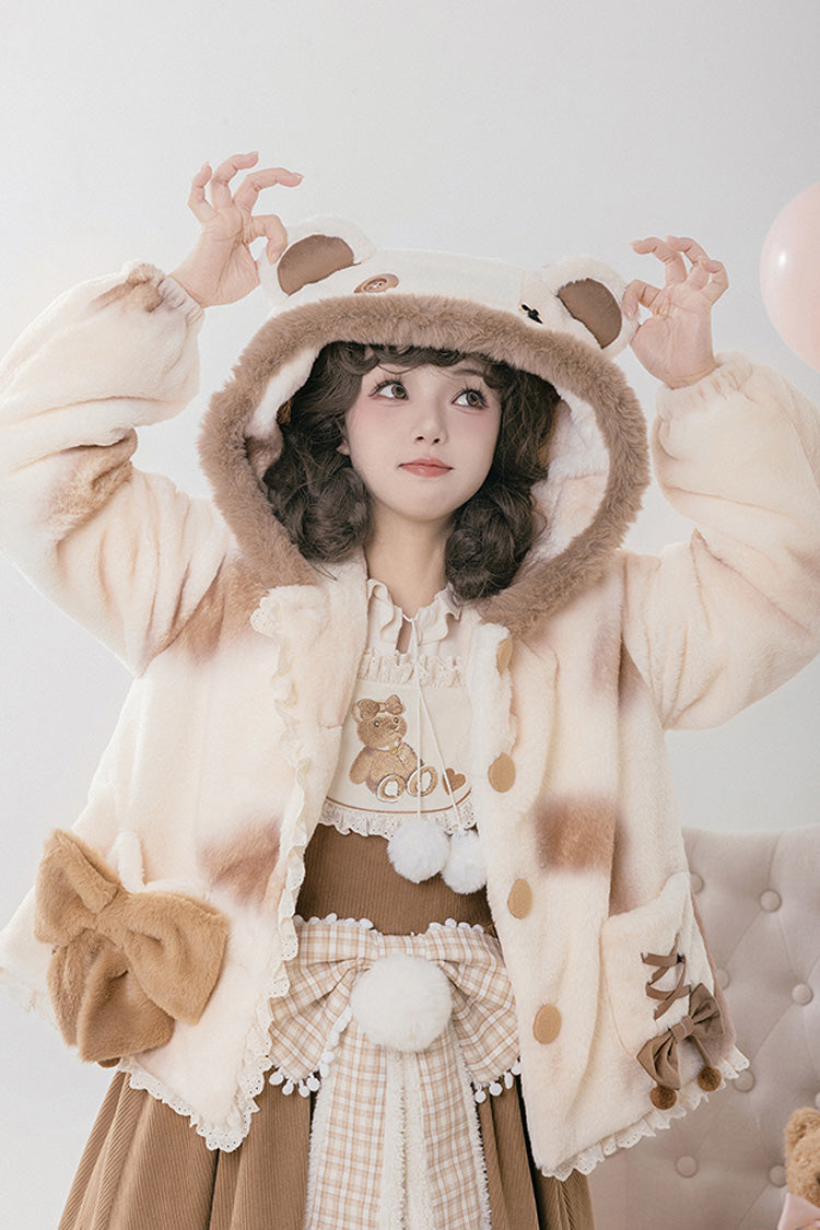 Cream Mocha Bear Print Hooded Bow Sweet Lolita Coat