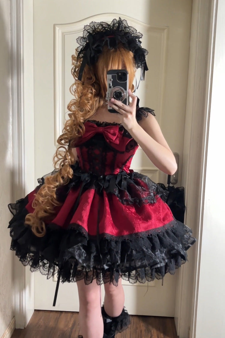 Red Sweet Ballet Lace Ruffle Sleeveless Bowknot Jsk Dress - Fleishi Island