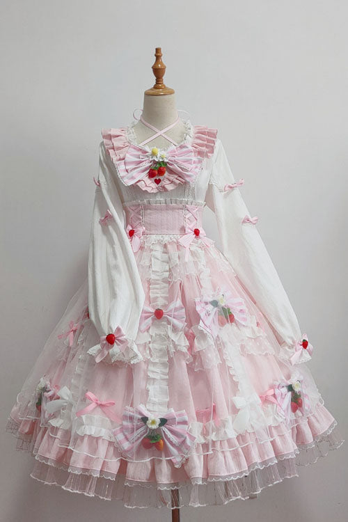 Rose Strawberry Bow Accent Rounded Collar Long Sleeve Multi-Layer Ruffled Sweet Lolita One-Piece