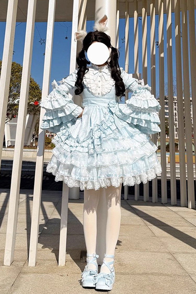 Blue Soloist Doll Long Hime Sleeve Multi-Layer Print Ruffle Bow Asymmetrical Sweet Lolita