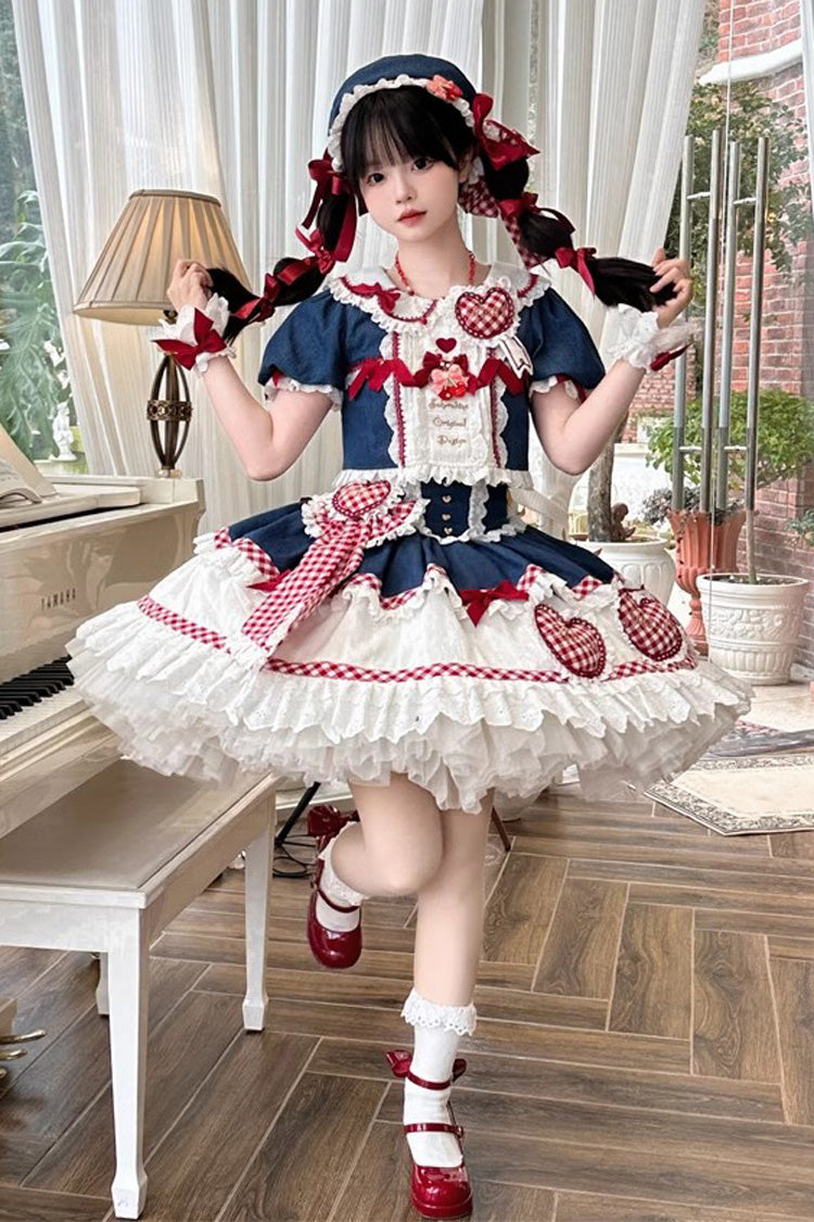 White Blue Red Peach Heart Lilith Ruffle Bow Lace Up Sweet Skirt Set