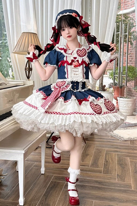 White Blue Red Peach Heart Lilith Ruffle Bow Lace Up Sweet Skirt Set