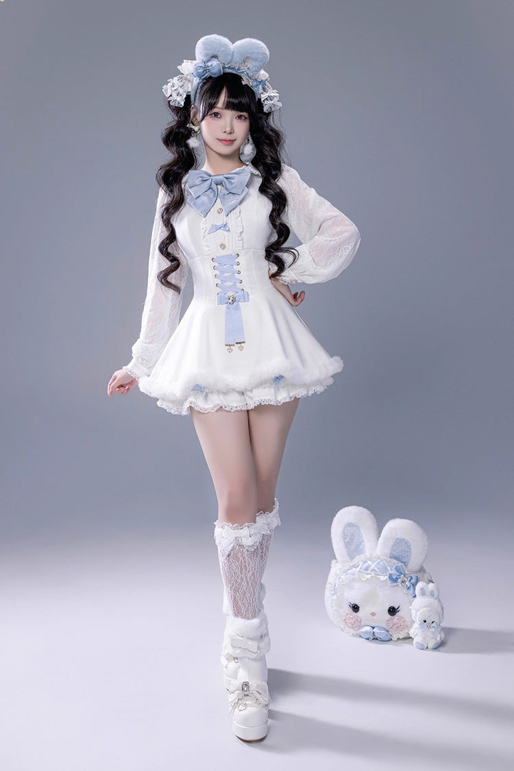 Ivory Ruffled Bow Lace-Up Jirai Dress with Plush Shorts