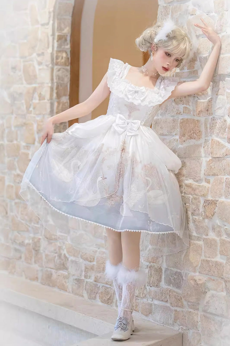 Swan Lake Print Ruffle Bowknot Elegant White Blue Lolita Jsk Dress - Flower and Letter