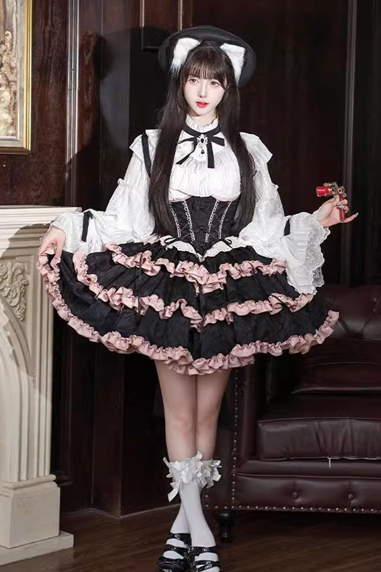 Black Pink Sleeveless Multi Ruffle Bow Lace Up Sweet Lolita Strap Dress