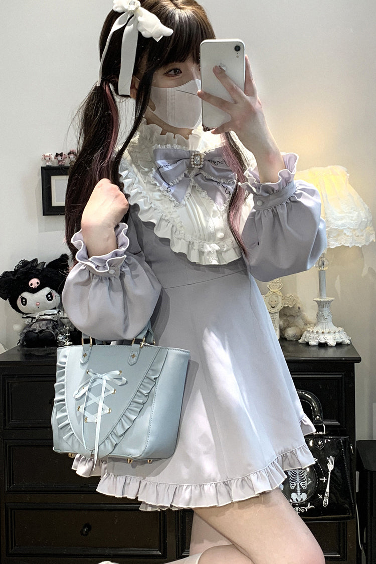 Light Blue Rose Princess Off Shoulder Long Sleeve Ruffle Bow Gothic Jirai Kei Dress